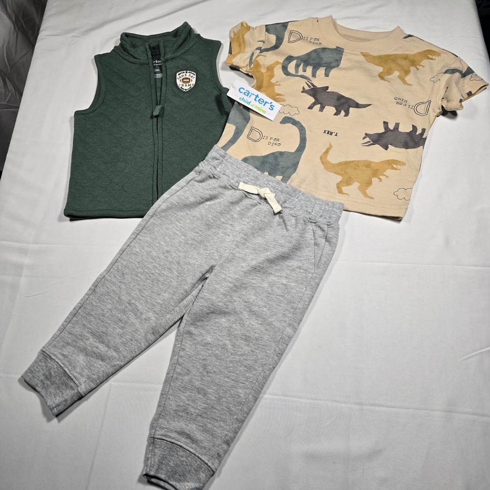 Carters 12Mo 3pc Set Baby Boys 12M‎ Green Vest Dino Shirt Gray Joggers